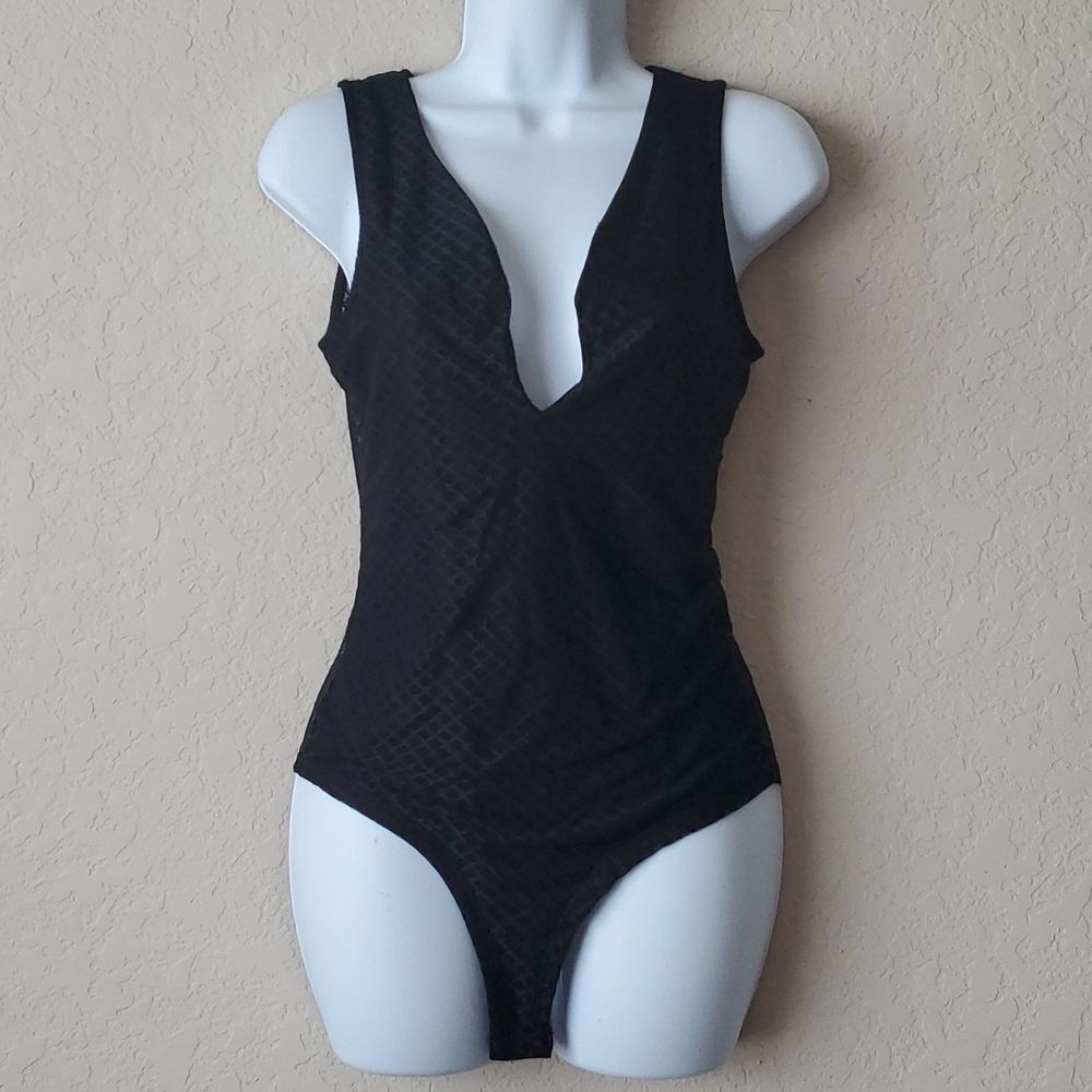 Sexy Black Geometric Mesh Bodysuit | Low Cut Front & Sheer Back | Urban Girl